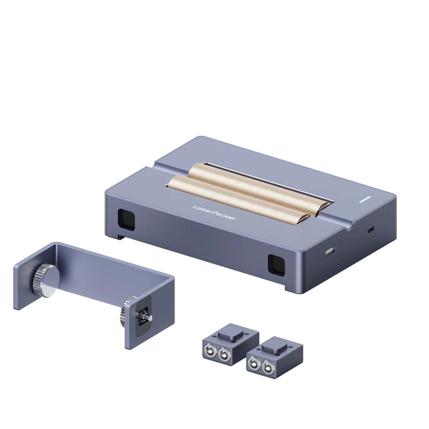 laserpecker versatile electric roller lp2 plus kit for cylindrical engraving on pens and bottles.