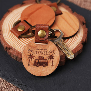 DIY Cherry Wood Circular Keychain (5 Pcs) Travel Pattern