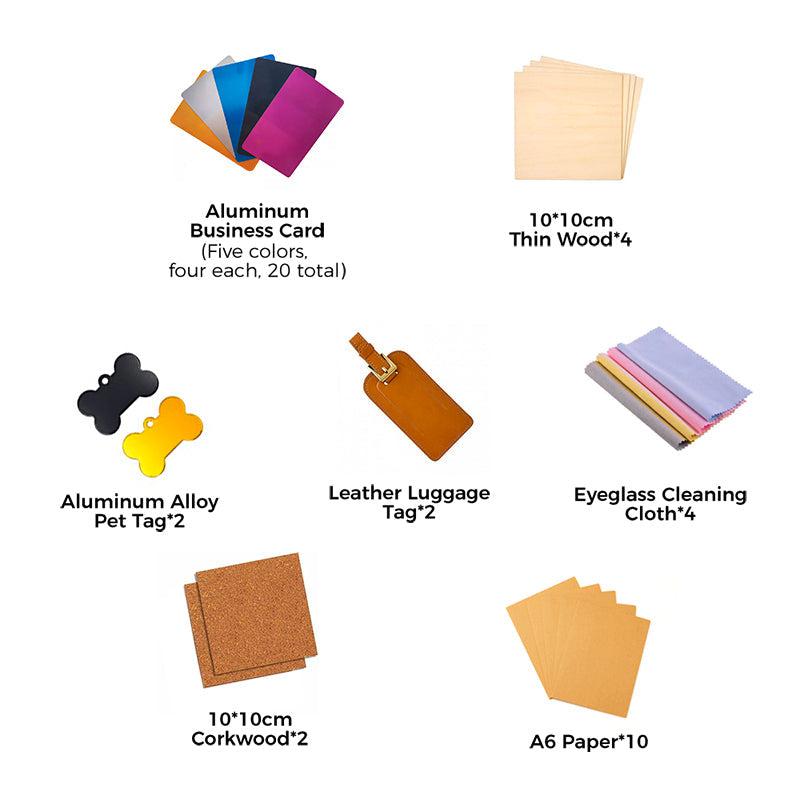 laserpecker lp2 material kit with assorted laser blanks including aluminum business card thin wood pet tag leather luggage tag cork sheet and a6 paper for laser engraving practice.