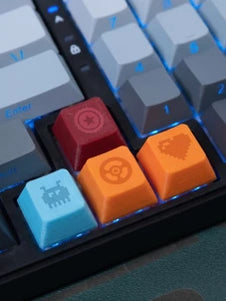 PETG-printed keycaps engraved with personalized icons.