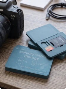 Customize a PLA-printed SD card storage with engraved labels.