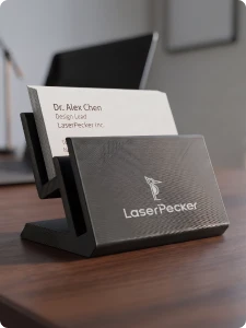 PLA-printed name card holder engraved with a brand name.