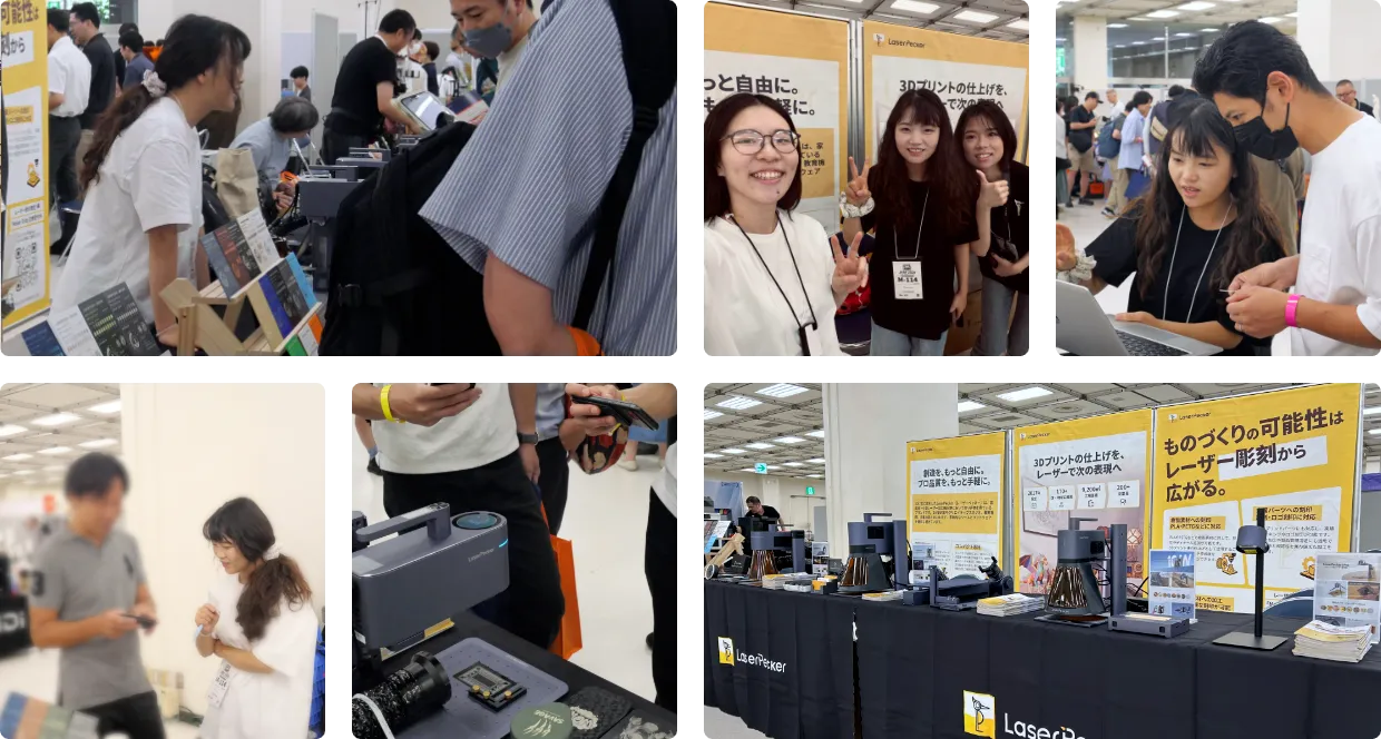 Laserpecker team engaging with 3D printing hobbyists and answering inquiries at a Japanese 3D printing exhibition