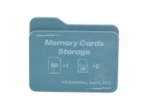 Completed laser engraved SD card storage case showing sharp text and graphic labels for organization