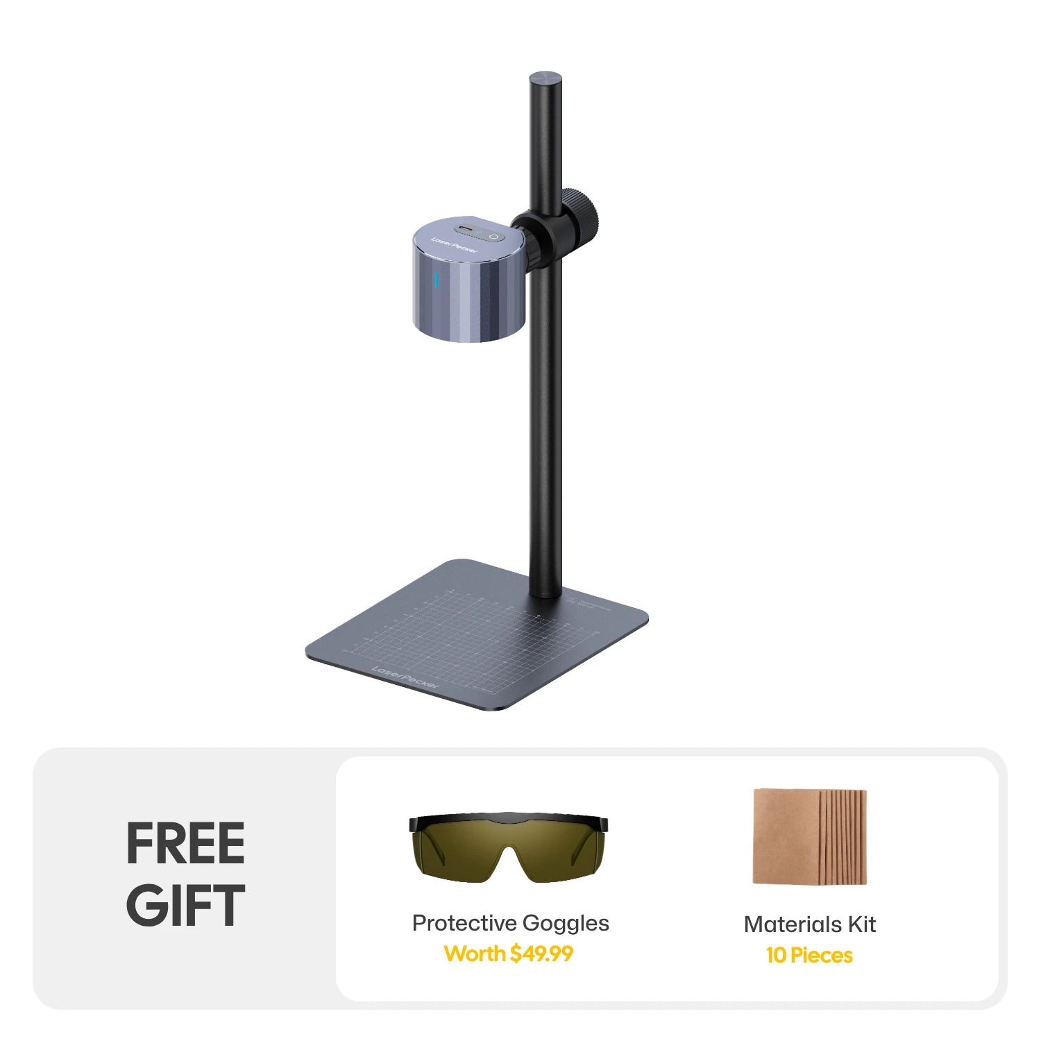 LaserPecker LP1 Plus desktop laser engraver with free materials on white background. 