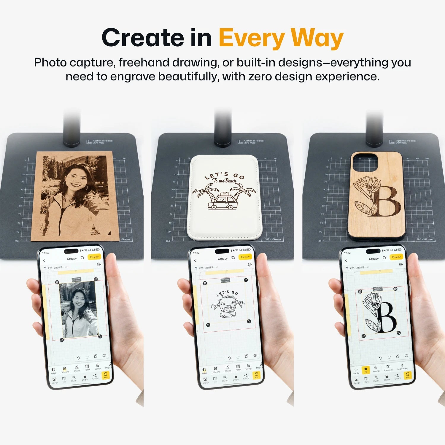 LaserPecker laser engraver app interface showing hand-drawing, photo capture, and built-in designs on white background. Create beautiful engravings without design experience. 