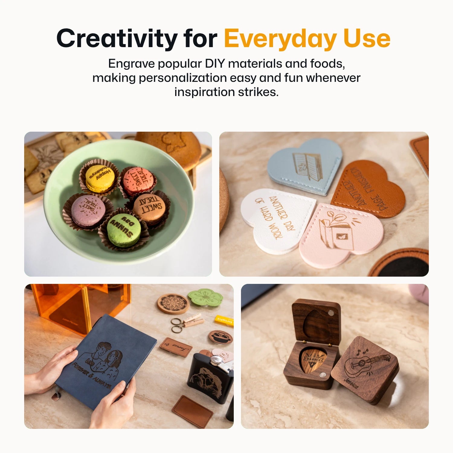 LaserPecker engraved cookies, wooden coasters, and wooden box collage — easy DIY laser engraving for everyday creative use. 