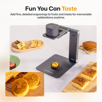 LaserPecker laser engraver for food with engraved fruits and treats on white background — fun edible art for any celebration. 