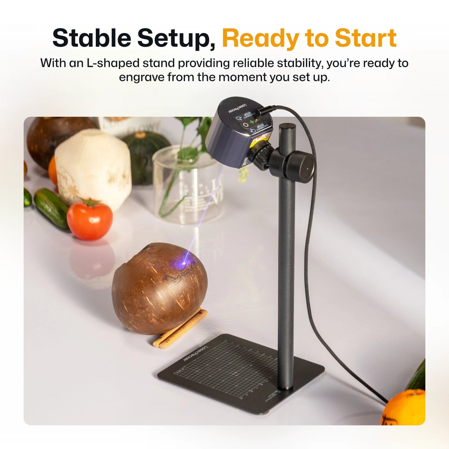 LaserPecker L-shaped stand for laser engraver setup providing reliable stability. Stable setup, ready to start engraving immediately. 