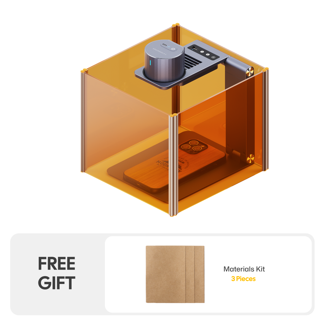 LaserPecker LP1 Pro engraver inside an amber safety enclosure that blocks laser radiation, safely engraving a wooden phone case, bundled with a free 3-piece materials kit.
