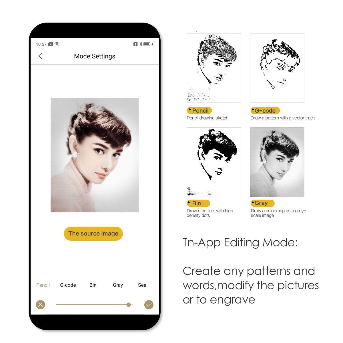 LaserPecker's in-app editing mode lets you convert images into 5 engraving styles (Pencil, G-code, Bin, Gray, Seal), enabling you to create custom patterns, text, and modified pictures directly on your phone for engraving.
