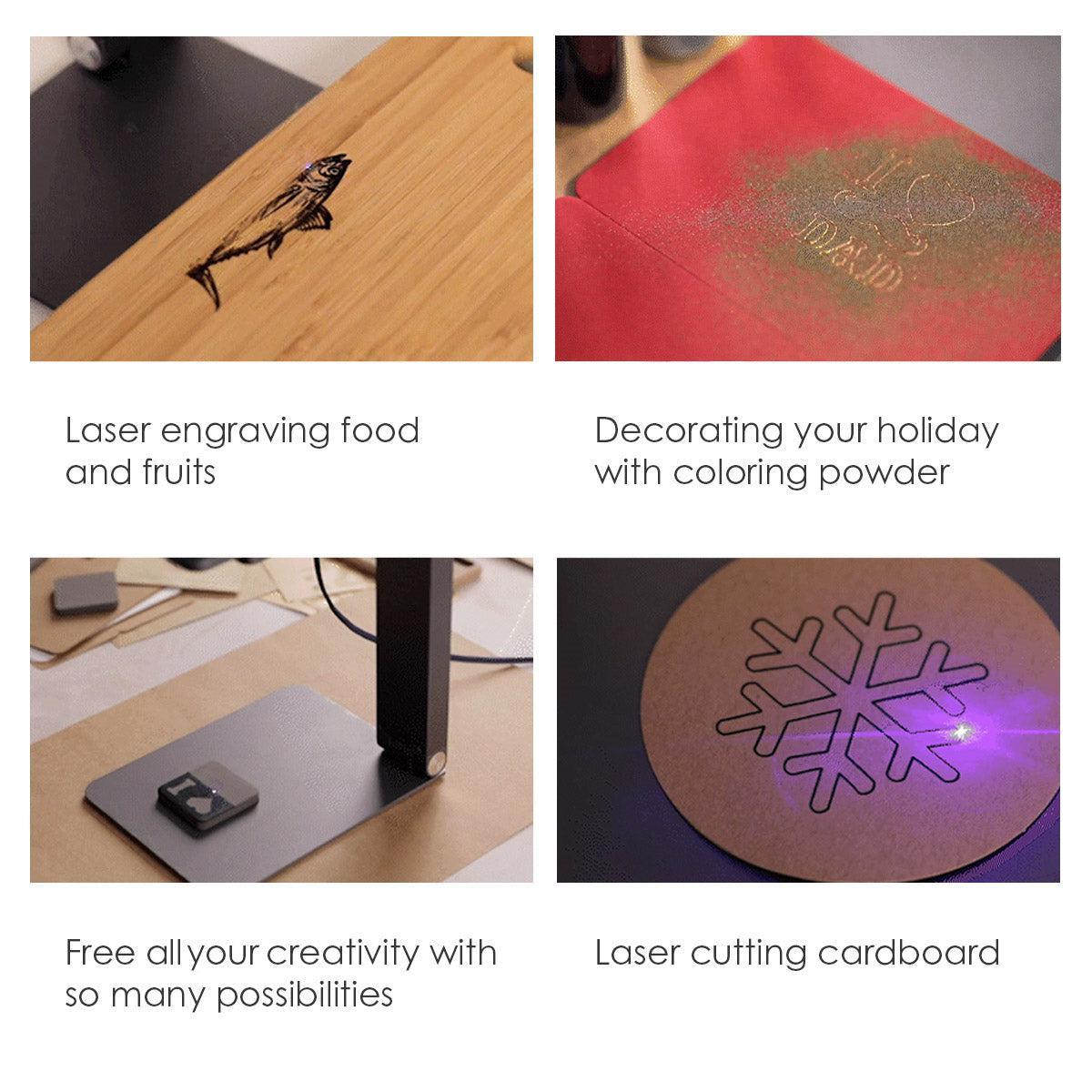 LaserPecker LP1 Pro engraver demonstrates its versatility with four creative applications: engraving a fish design on food/fruit, decorating holiday cards with coloring powder, engraving small metal pieces, and cutting a snowflake pattern into cardboard.
