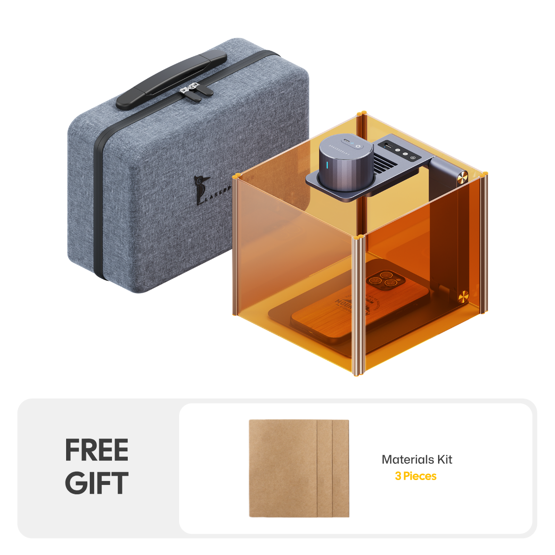 LaserPecker LP1 Pro engraver complete kit, including an amber safety enclosure, a protective carrying case, and a free 3-piece materials kit, enabling safe, portable, and immediate engraving projects.