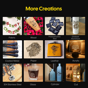 LaserPecker engraver showcases its versatility across 12 materials: fabric, wood, photosensitive seal, oxidized aluminum, coated metal, paper, leather, acrylic, 304 stainless steel, glass, cylinders, and cut acrylic, enabling endless creative projects.