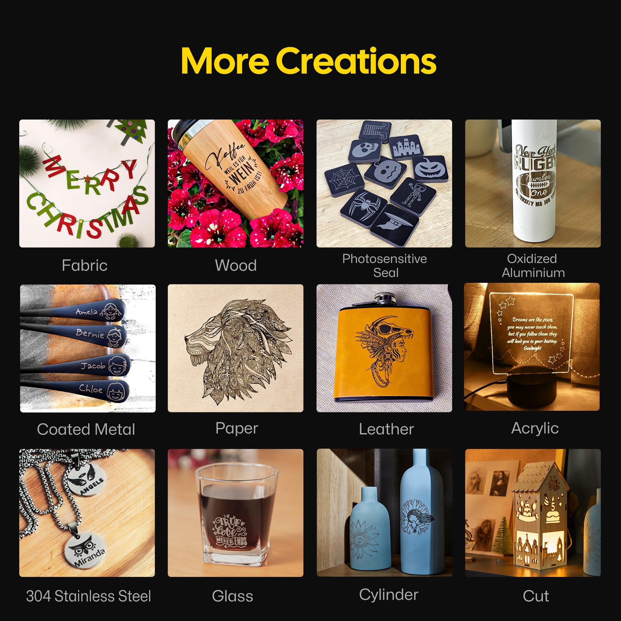 LaserPecker LP2 engraver showcases its versatility across 12 materials: fabric, wood, photosensitive seal, oxidized aluminum, coated metal, paper, leather, acrylic, 304 stainless steel, glass, cylinders, and cut acrylic, enabling endless creative projects.