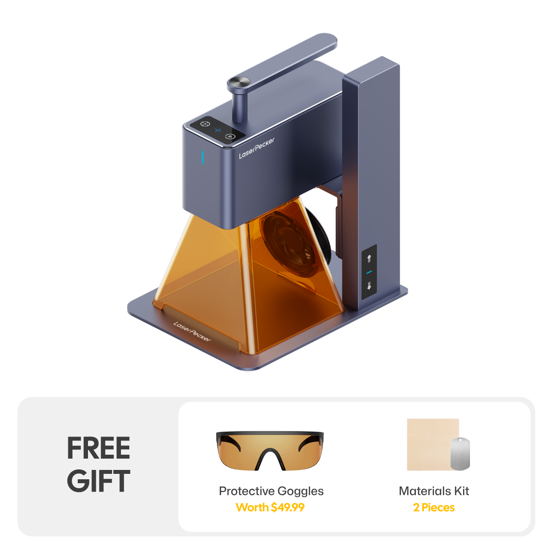 LaserPecker portable laser engraver LP2, featuring a compact, foldable design and an amber safety shield, bundled with free gifts: protective goggles (worth $49.99) and a 2-piece materials kit, perfect for on-the-go engraving projects.