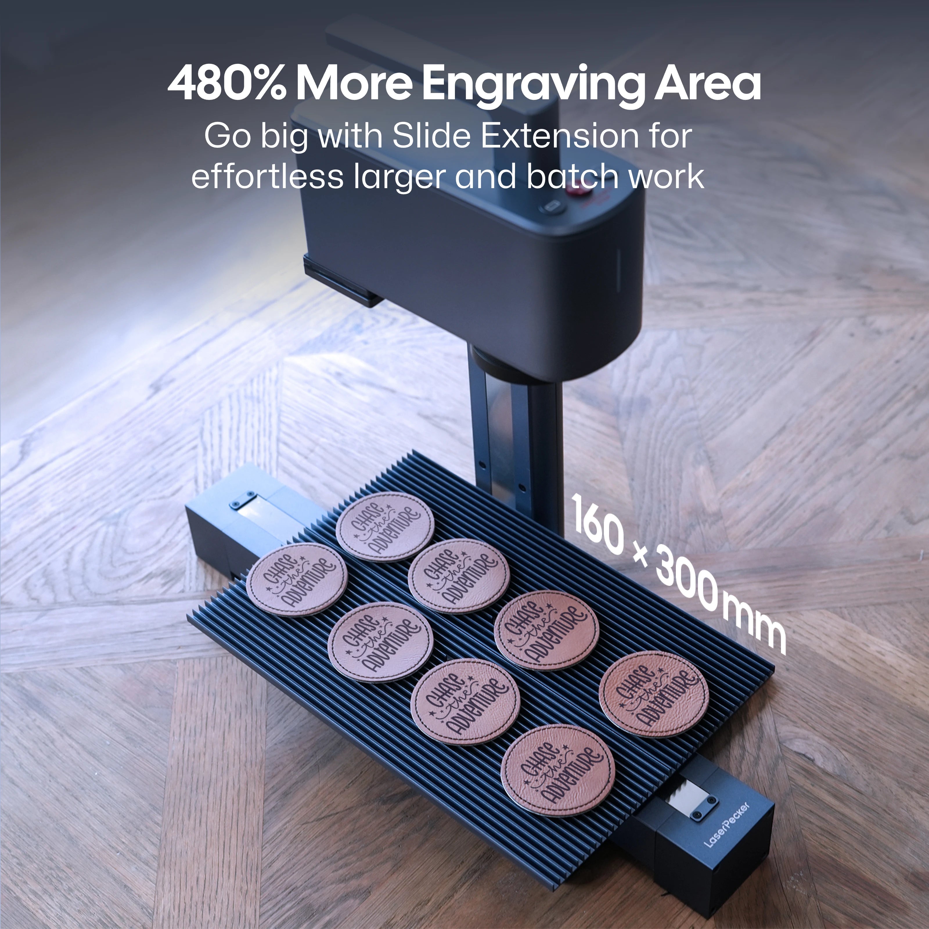 LaserPecker LP2 Plus with Slide Extension delivering 480% more engraving area (160×300mm), enabling effortless large-format and batch engraving, demonstrated with multiple leather coasters.