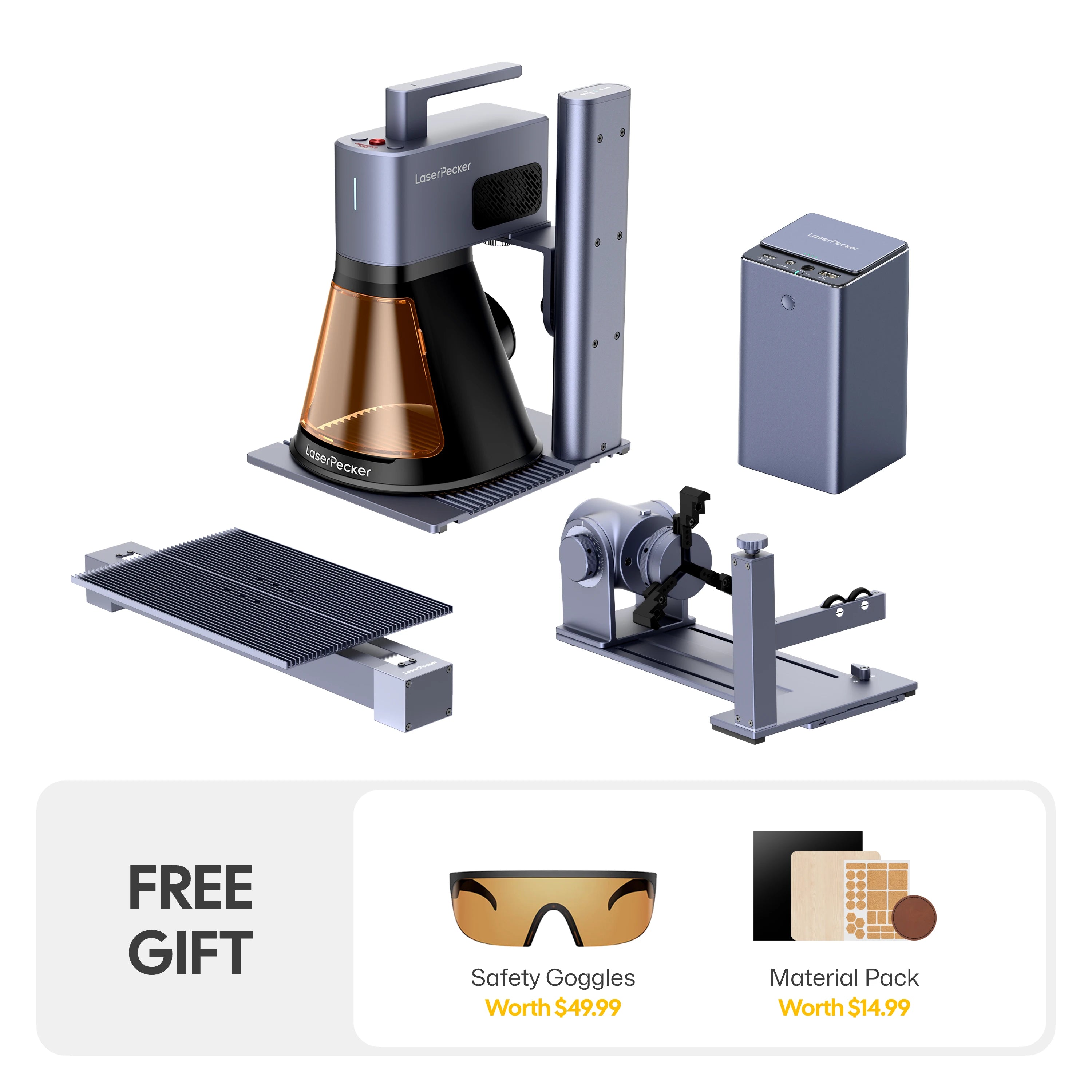 LaserPecker LP2 Plus Deluxe Bundle laser engraver with rotary extension, slide extension, powerbank, and free gift（protective goggles and a material pack） offer on white background. 