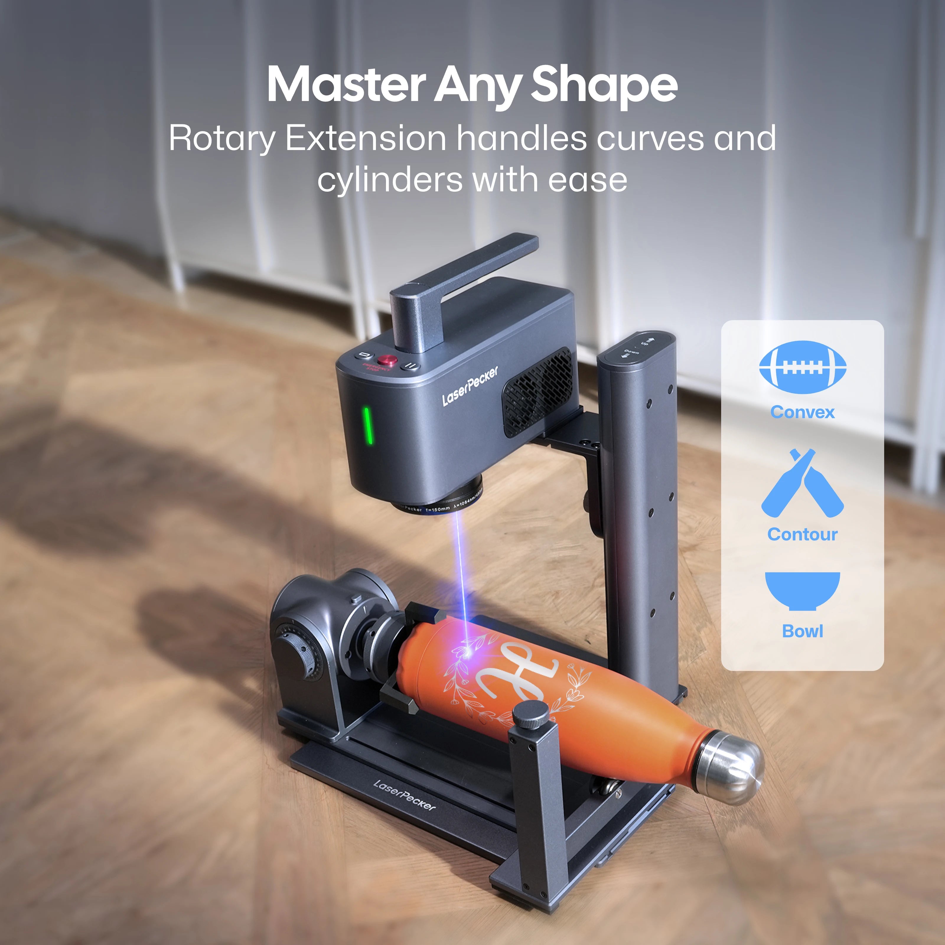 LaserPecker laser engraver LP2 Plus with rotary extension, demonstrating precise engraving on an orange cylindrical water bottle, with support for convex, contour, and bowl-shaped surfaces, and the slogan "Master Any Shape".