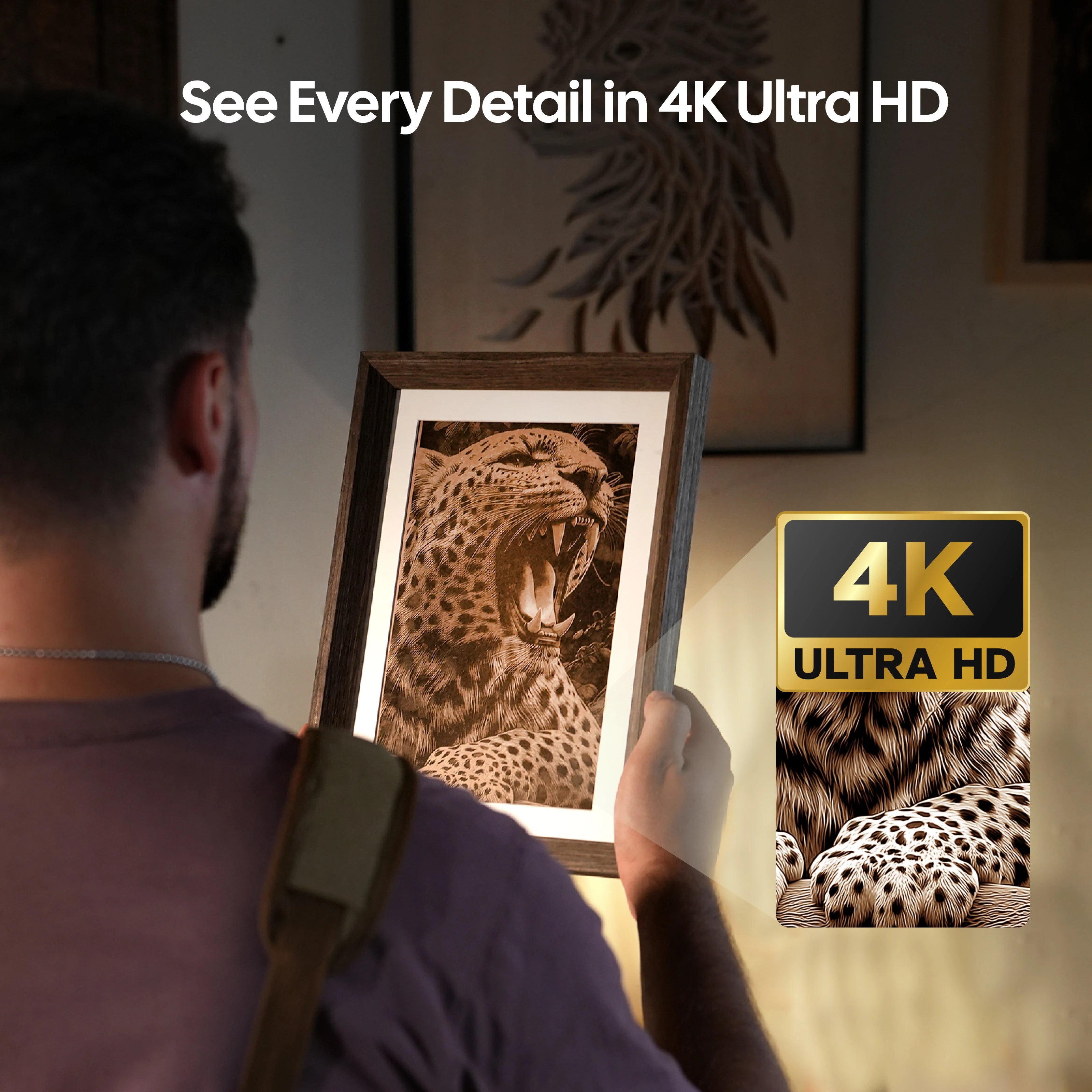 LaserPecker laser engraver showcasing a 4K Ultra HD detailed engraving of a leopard, with the slogan "See Every Detail in 4K Ultra HD".
