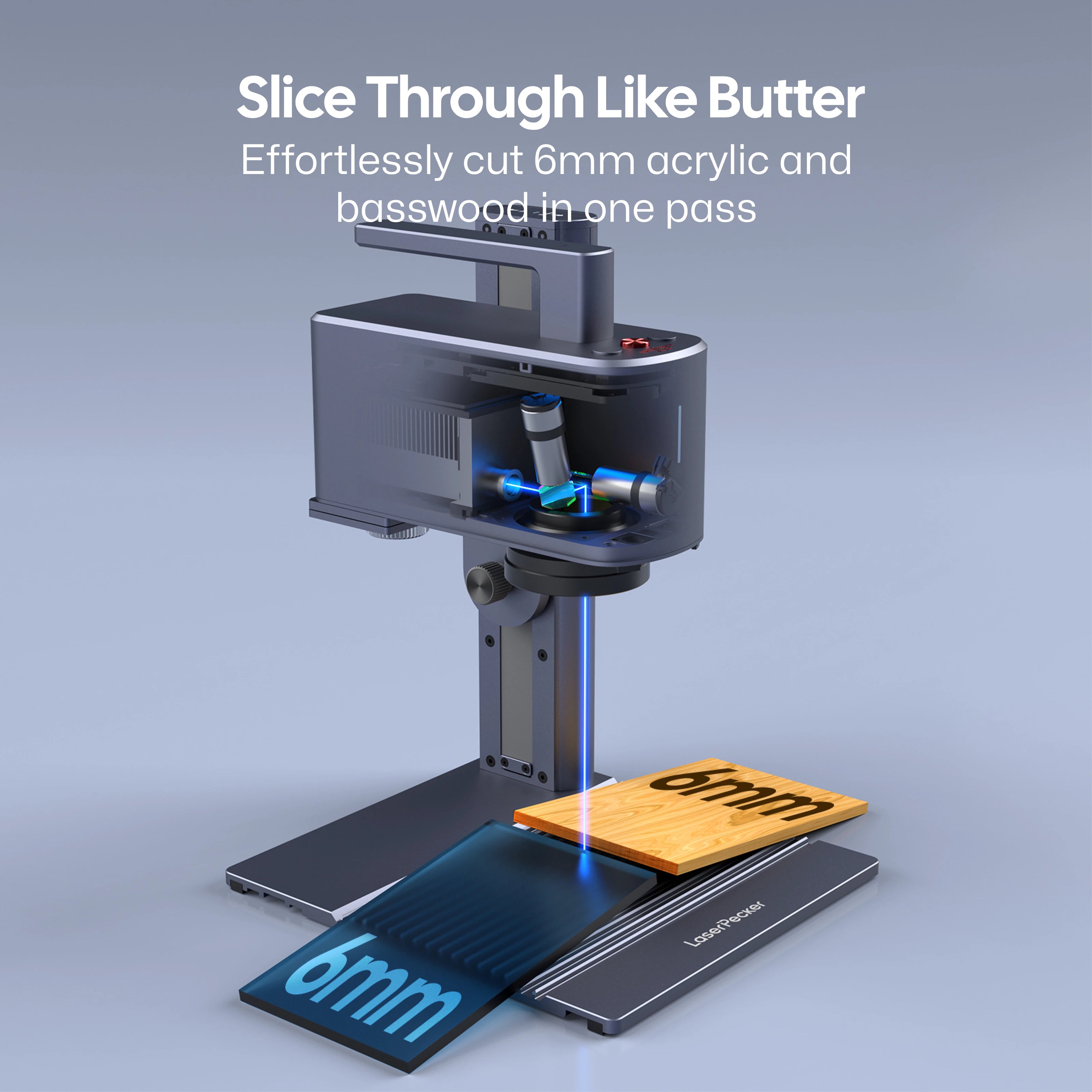 LaserPecker laser engraver LP2 Plus demonstrating its powerful cutting capability, effortlessly slicing through 6mm acrylic and basswood in one pass, with the slogan "Slice Through Like Butter".