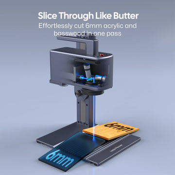 LaserPecker laser engraver LP2 Plus demonstrating its powerful cutting capability, effortlessly slicing through 6mm acrylic and basswood in one pass, with the slogan "Slice Through Like Butter".