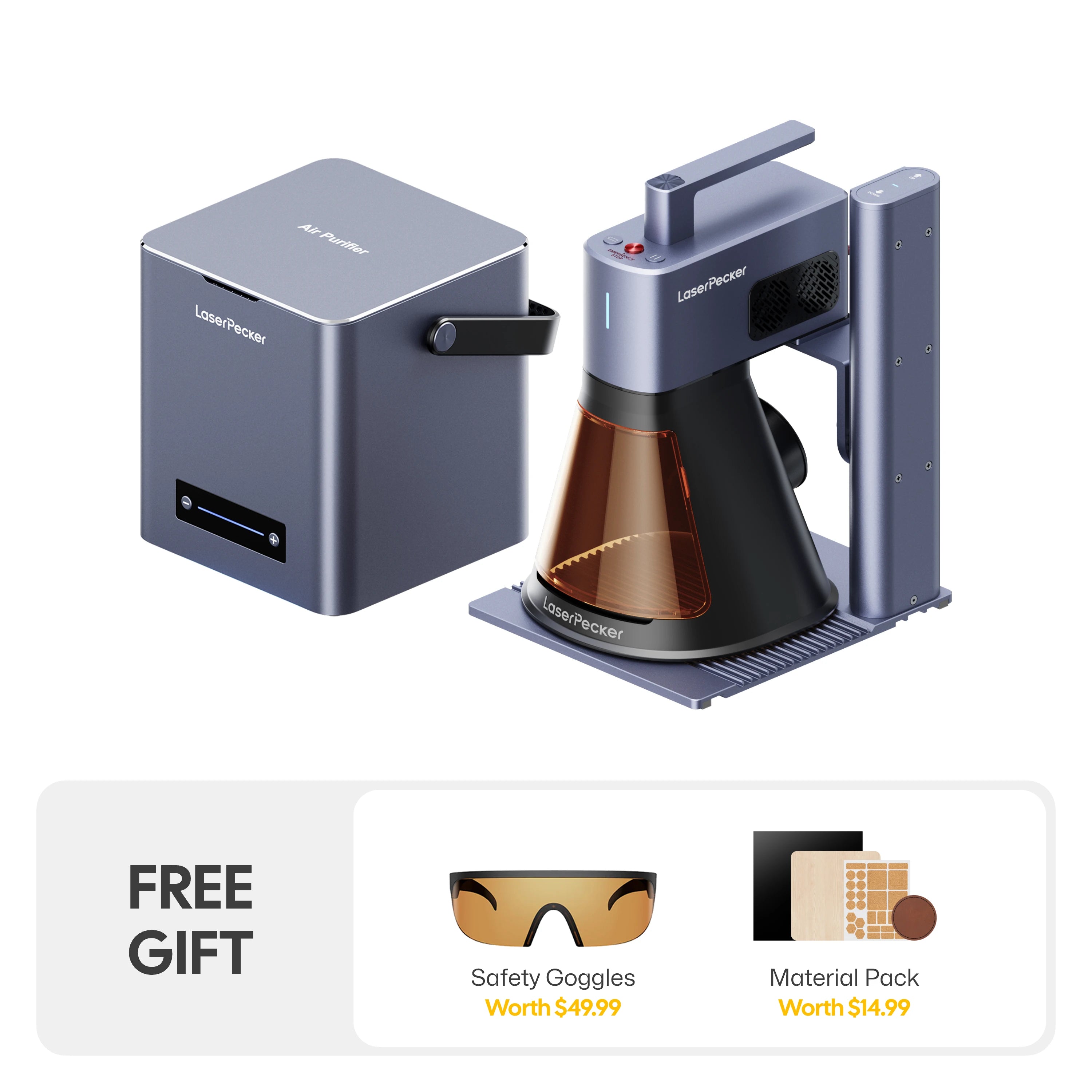 LaserPecker engraver LP2 Plus cleanair bundle with air purifier, plus a free gift of protective goggles (worth $49.99) and a material pack (worth $14.99), offering a safe, complete solution for engraving projects.
