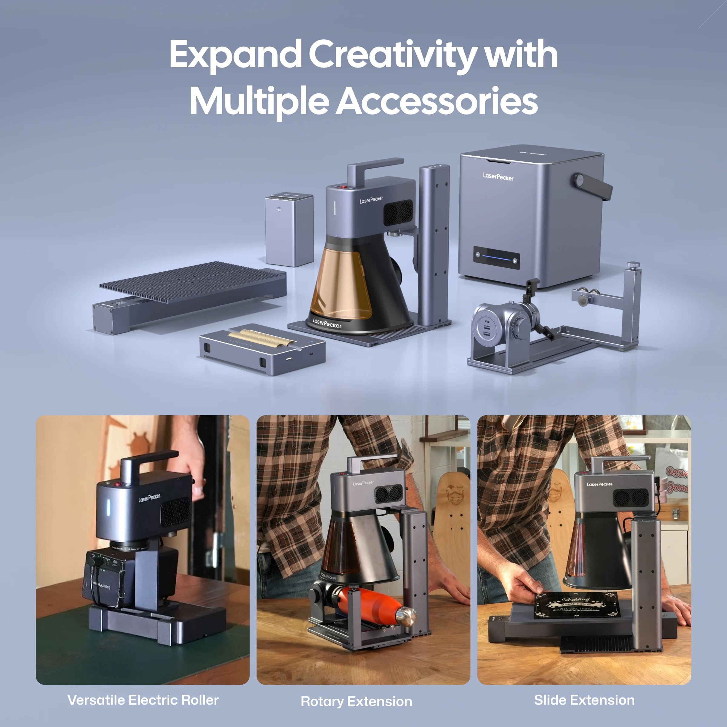 LaserPecker laser engraver LP2 Plus ecosystem showcasing a full range of accessories, including a portable power bank, air purifier, rotary extension, slide extension, and versatile electric roller, with the slogan "Expand Creativity with Multiple Accessories".