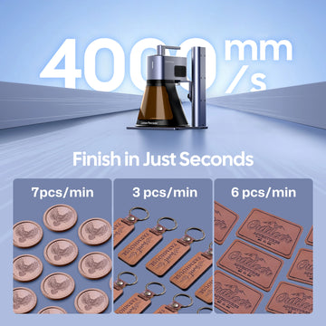 LaserPecker laser engraver LP2 Plus with 4000mm/s high-speed engraving, showcasing productivity with up to 7 wooden coasters, 3 keychains, or 6 leather tags per minute, with the slogan "Finish in Just Seconds".