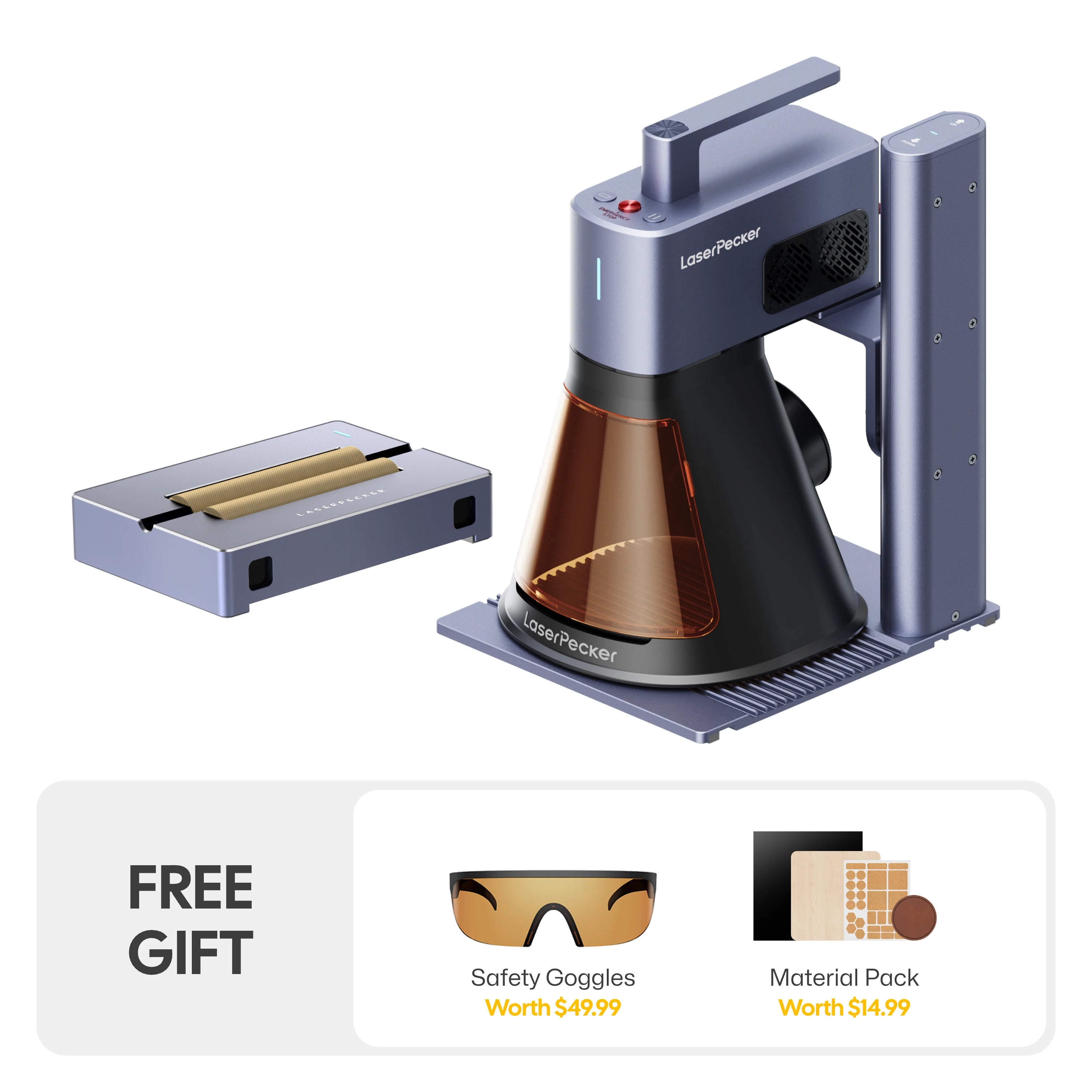 LaserPecker laser engraver LP2 Plus SpinTrack bundle with an additional slide extension, plus a free gift of safety goggles (worth $49.99) and a material pack (worth $14.99), offering a complete solution for both standard and large-format engraving projects.