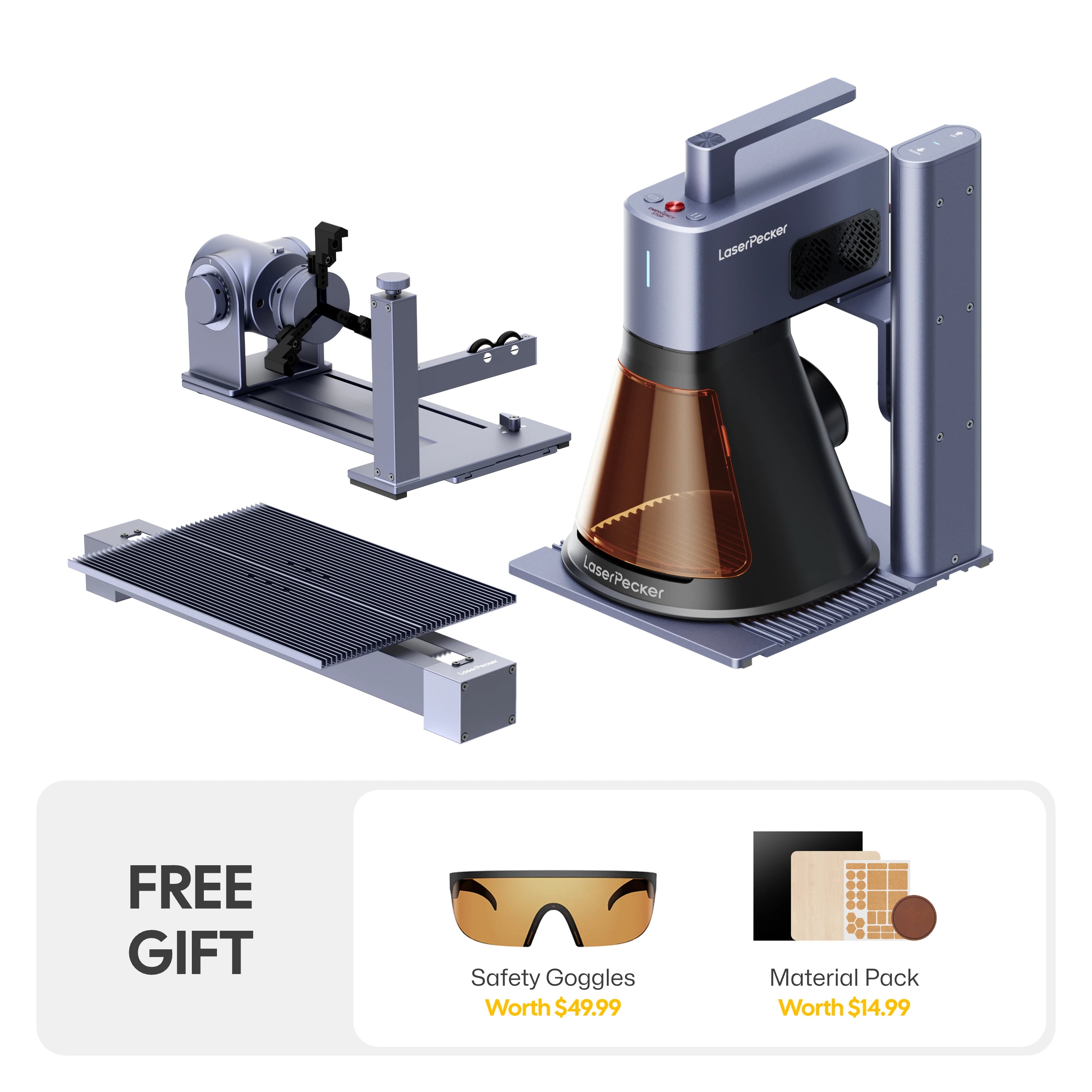 LaserPecker LP2 Plus Pro bundle including the main unit, rotary extension, and slide extension, plus a free gift of safety goggles (worth $49.99) and a material pack (worth $14.99), offering a complete, versatile solution for all engraving needs.