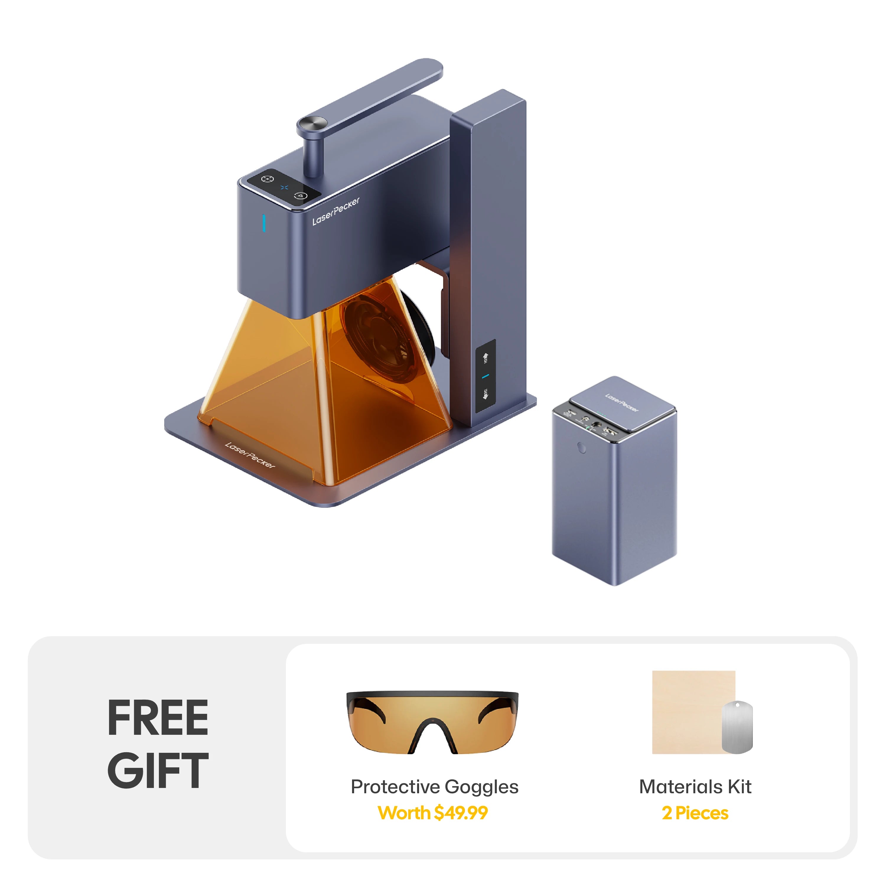 LaserPecker LP2 Portable bundle: portable engraver with a rechargeable battery pack for untethered use, bundled with free protective goggles (worth $49.99) and a 2-piece materials kit, enabling on-the-go engraving anywhere.
