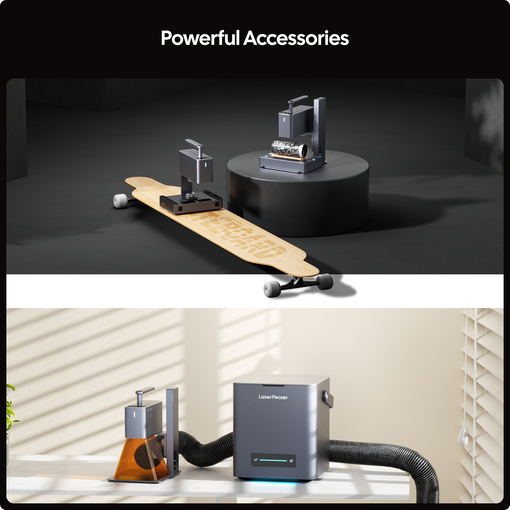 LaserPecker 2 offers various powerful accessories for extended engraving area, round shaped objects and breathe safety.