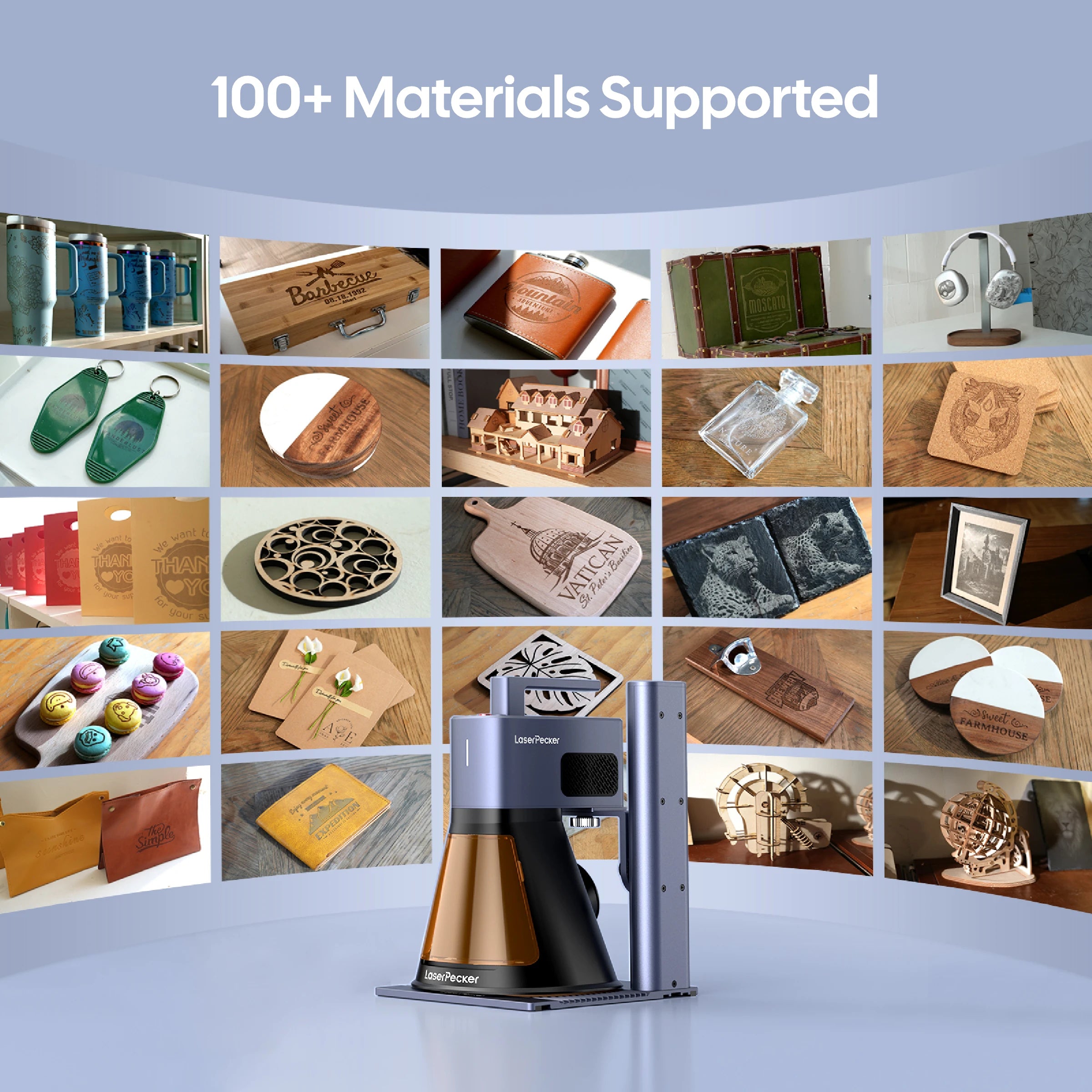 LaserPecker laser engraver LP2 Plus showcasing its compatibility with over 100 materials, demonstrated by a collage of engraved projects on metal, wood, leather, glass, acrylic, and more, with the slogan "100+ Materials Supported".
