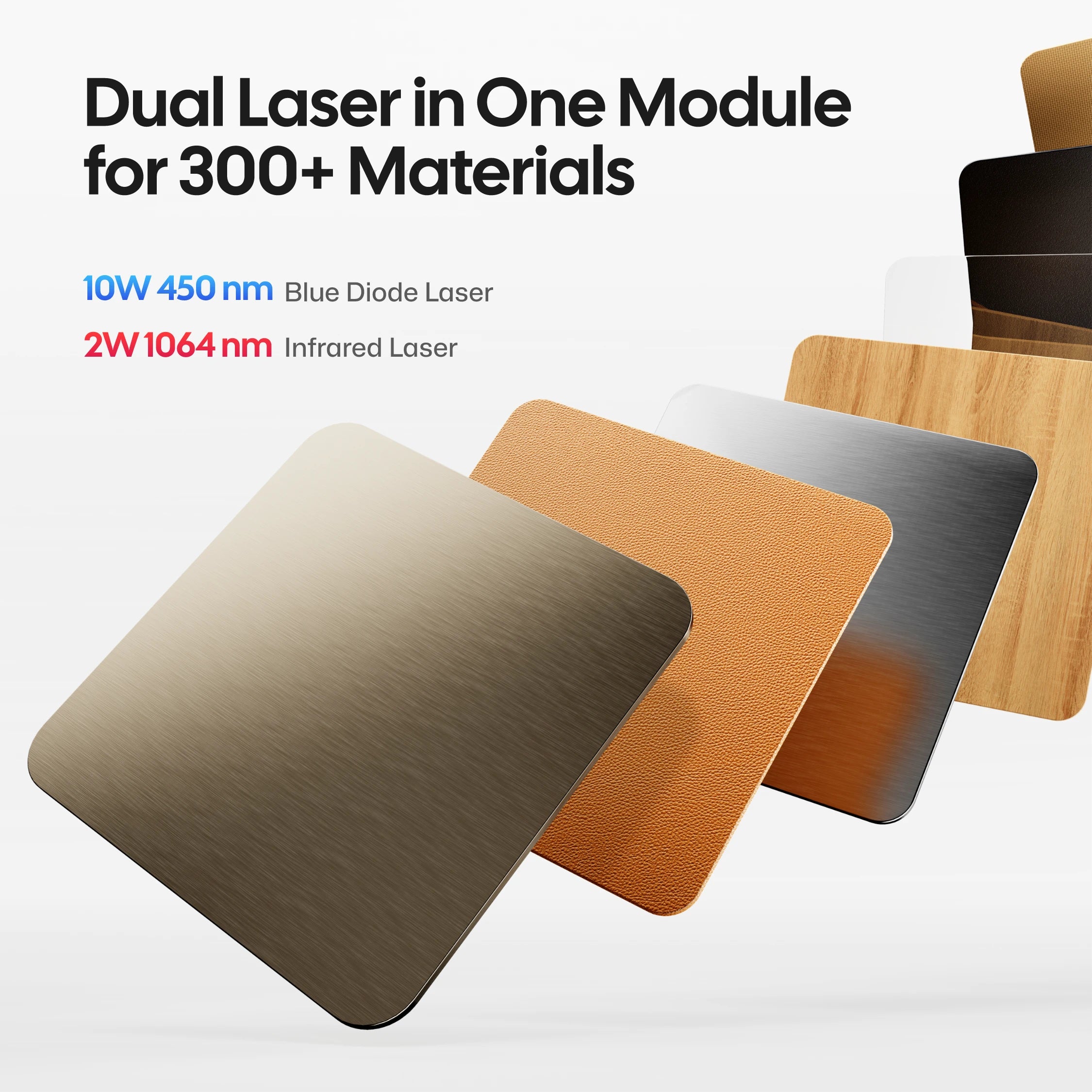 The LaserPecker LP4 dual laser module can switch between a 10W 450nm blue diode laser cutter and a 2W 1064nm IR laser engraver, supporting engraving on 300+ materials including metal, leather, wood, and plastic.
