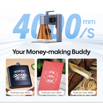 LaserPecker LP4 laser engraver for home use with 4000mm/s speed – your money-making buddy. Shown with profitable projects that can be achieved at home: a flask ($720/hour), a Christmas card ($500/hour) and a leather knife sheath ($396/hour).