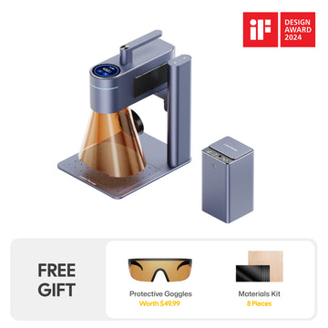 2024 iF Design Award-winning LaserPecker laser engraver bundle, including the main unit and portable power bank, plus a free gift of protective goggles (worth $49.99) and an 8-piece materials kit.