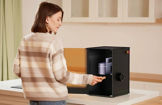 LaserPecker LP4 safety enclosure smart sensor stopping the laser process instantly as the door opens during home crafting.