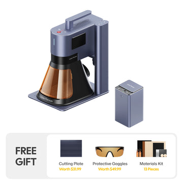 LaserPecker laser engraver with a portable power bank, paired with a free gift bundle including a cutting plate, protective goggles, and a 13-piece materials kit.