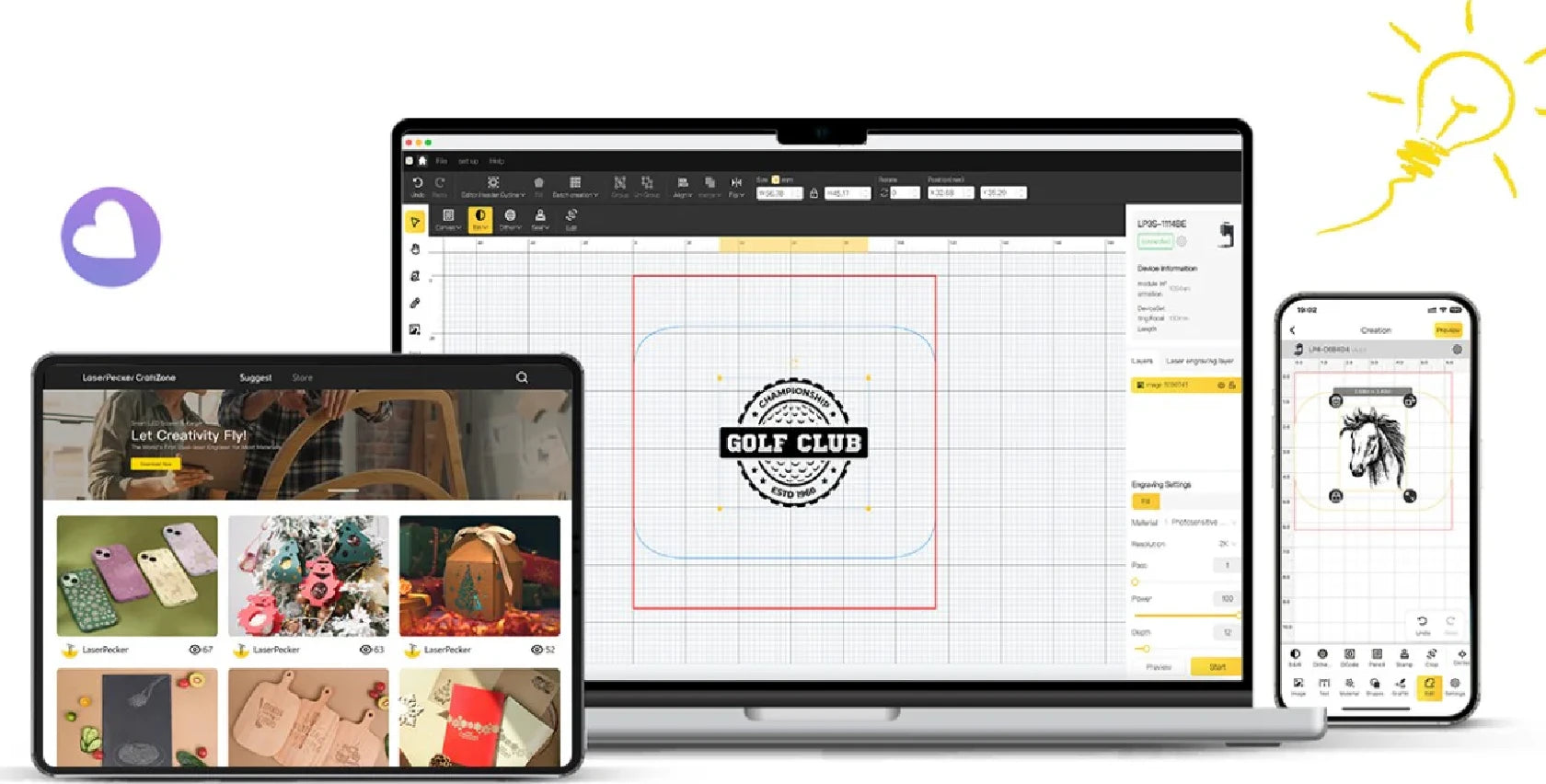 Multi-device display of LaserPecker Design Space software (on tablet, laptop, and smartphone) – part of the "Simple Creation Starts" software ecosystem section; showcases the free, cross-device laser design tool with ready-to-make design libraries, one-click settings, and real-time preview (exemplified by a "GOLF CLUB" engraving project) to save time and reduce material waste.