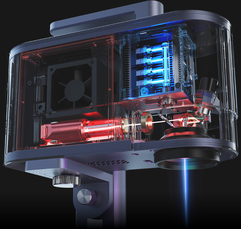 LaserPecker LP5 internal structure cutaway view: Visualizing the integrated 20W Fiber + 20W Diode dual-laser system, showcasing its components (laser modules, optics) that enable broad material adaptability (metals to organic substrates) with high processing speed and quality.