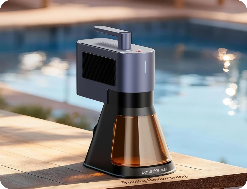 LaserPecker LP5 (3.7kg lightweight laser engraver) placed on a wooden table (with a pool background), showcasing its portable design and adjustable stand that unlocks flexible engraving angles (aligned with the "Power Without Limits" theme).