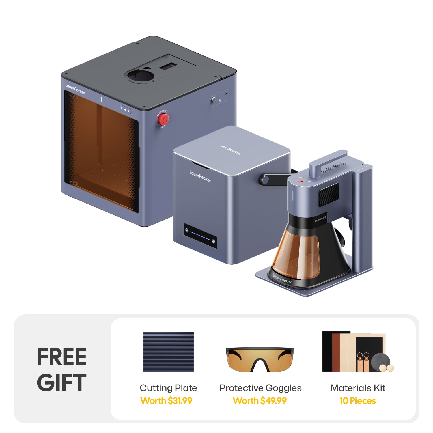 LaserPecker LP5 complete laser engraving solution bundle: the main fiber laser engraving machine houses a diode laser cutter, and comes with a protective safety enclosure, air purifier, and free gift of a cutting plate, protective goggles, and a 10-piece materials kit.