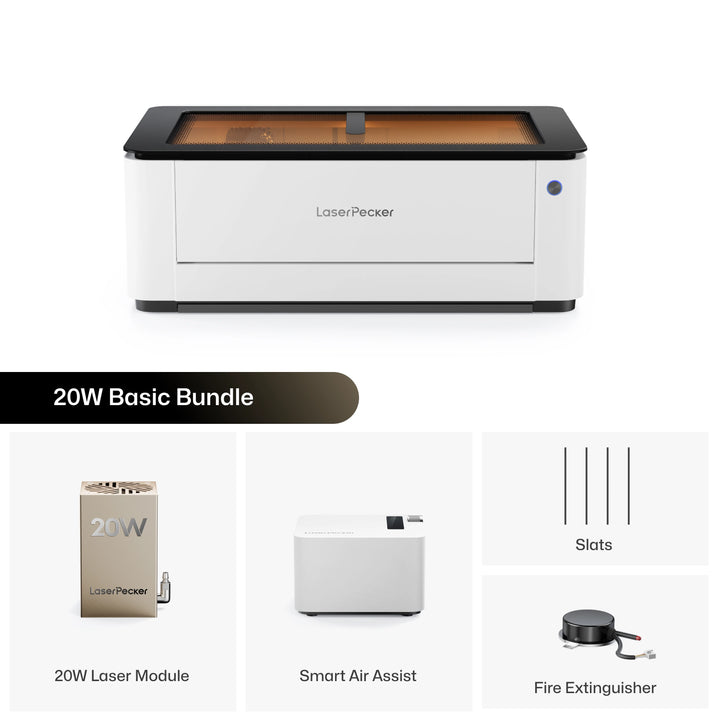 LaserPecker 20W Basic Bundle desktop laser cutter LX2, including the main engraving machine, 20W laser module, Smart Air Assist, slats, and a fire extinguisher, providing a cost-effective, safe entry-level solution for hobbyists and small projects.
