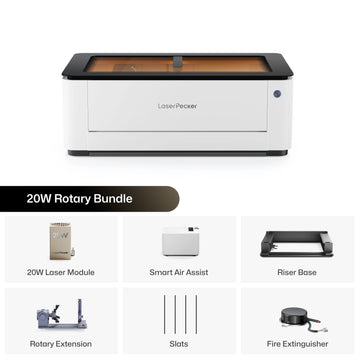 LaserPecker 20W Rotary Bundle desktop laser cutter, including the main engraver machine, 20W laser module, Smart Air Assist, Riser Base, Rotary Extension, slats, and a fire extinguisher, providing an entry-level solution for engraving both flat and curved surfaces.
