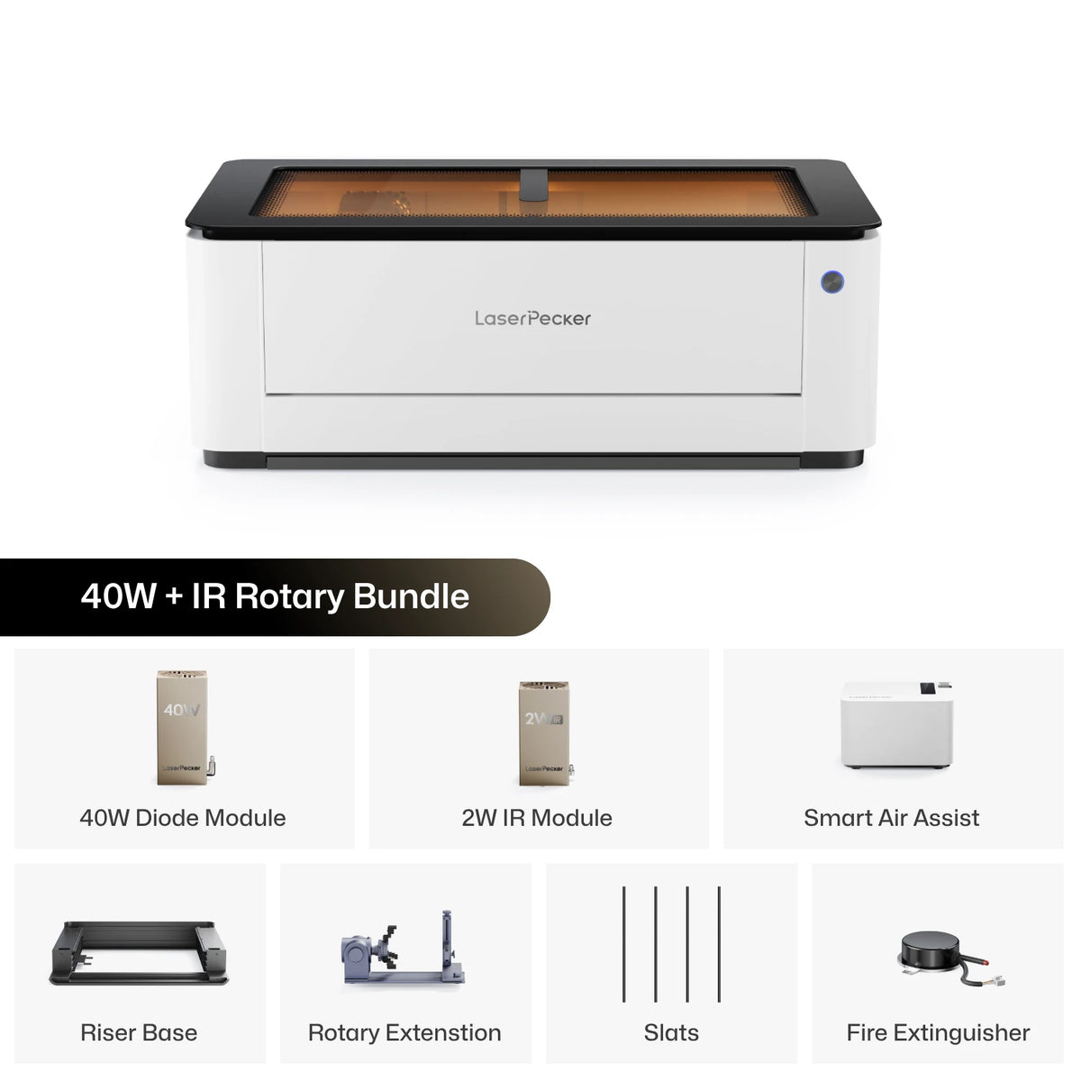 LaserPecker LX2 desktop diode laser cutter and rotary bundle includes the main engraver unit, a 40W laser module, Smart Air Assist, Riser Base, Rotary Extension, honeycomb support panel, fire extinguisher, and IR laser module — a complete, safe, and high-performance engraving solution.