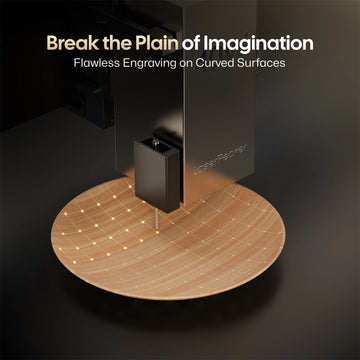 LaserPecker engraver demonstrating "Break the Plain of Imagination" by delivering flawless engraving on curved surfaces, shown here engraving a precise grid pattern onto a round wooden workpiece.