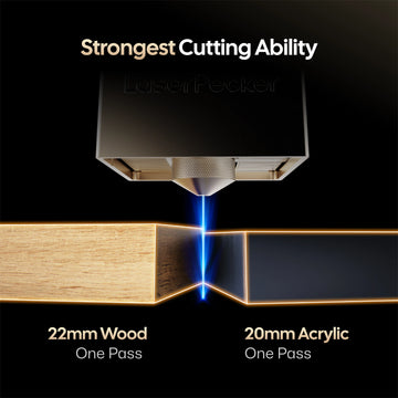 LaserPecker high-power laser engraver showcasing its "Strongest Cutting Ability", capable of slicing through 22mm wood and 20mm acrylic in a single pass, demonstrated with a focused blue laser beam cutting both materials cleanly.