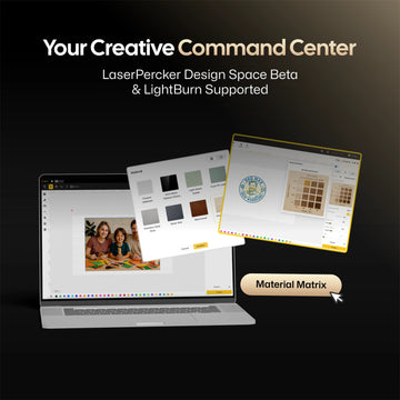 LaserPecker creative software ecosystem, featuring the LaserPecker Design Space Beta and LightBurn compatibility, plus a Material Matrix tool for selecting optimal settings, presented as the "Your Creative Command Center" for designing and controlling engraving projects.
