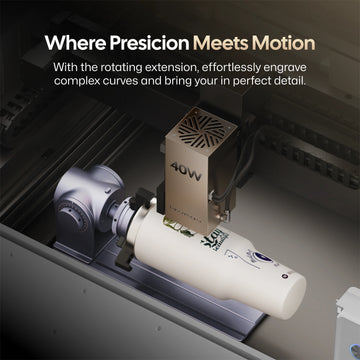 LaserPecker 40W laser engraver with rotating extension, showcased under the slogan "Where Precision Meets Motion", effortlessly engraving complex, detailed designs onto a curved tumbler surface.